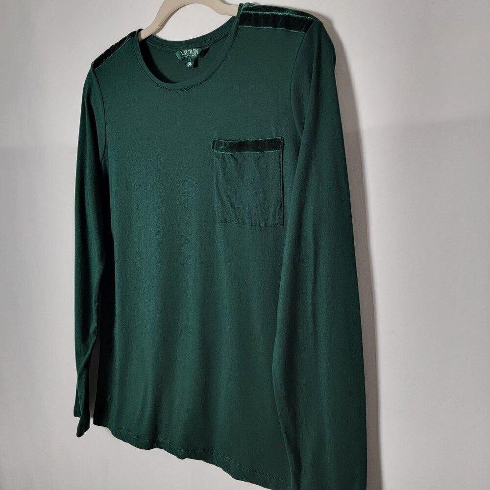 Lauren Ralph Lauren Womens Green Velvet Accents Long Sleeve Top Large - Picture 3 of 10